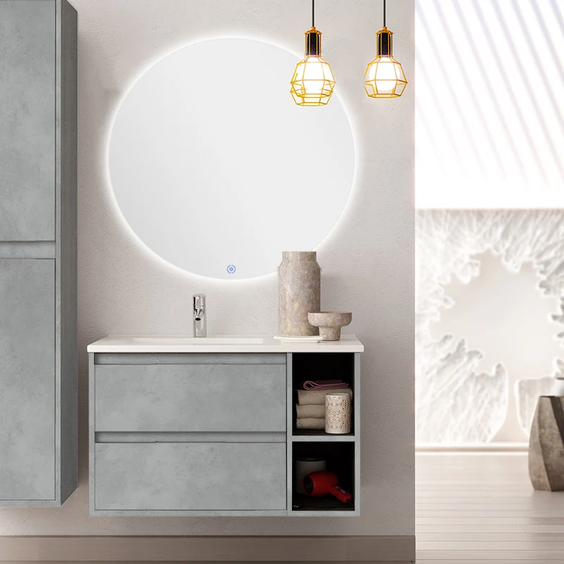 Meuble de salle de bain 80cm vasque déportée - 2 tiroirs - OLYMPE et miroir rond Led SOLEN