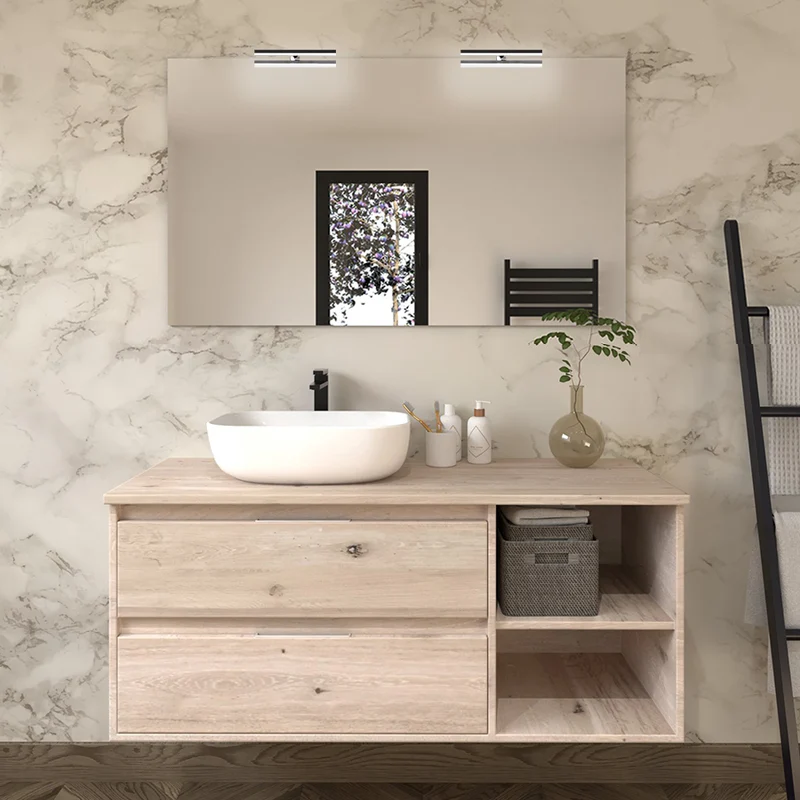 Meuble de salle de bain 120cm avec vasque à poser arrondie - 2 tiroirs et miroir avec appliques - OLYMPE