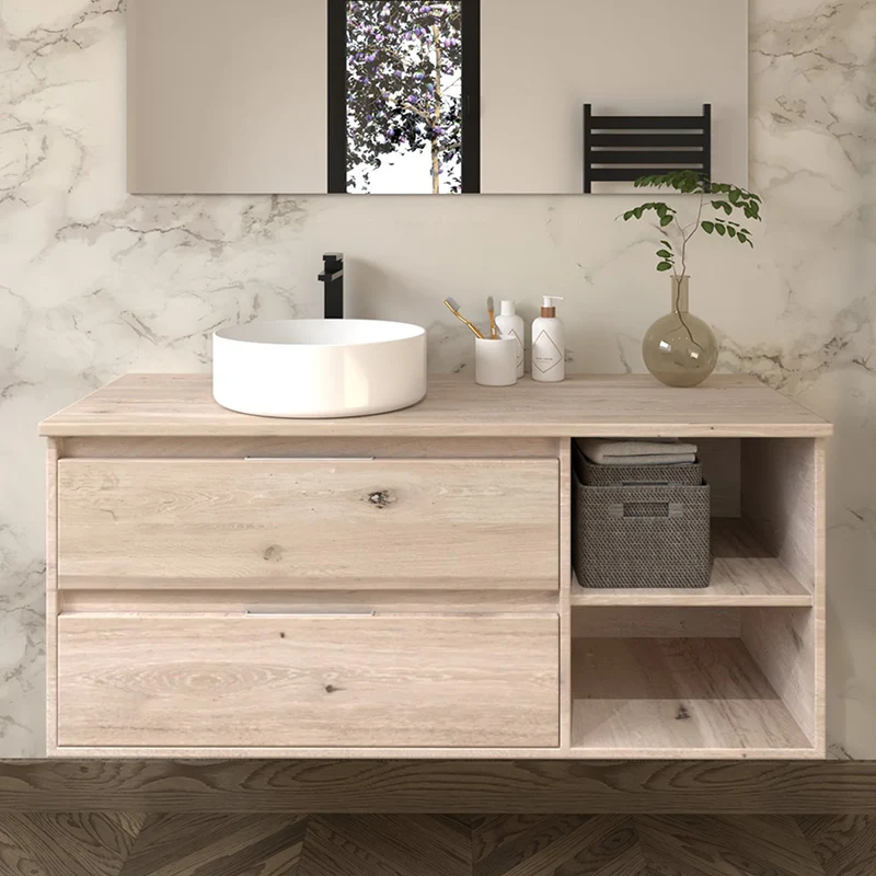 Meuble de salle de bain 120cm avec vasque à poser ronde - 2 tiroirs et miroir Led STAM - OLYMPE