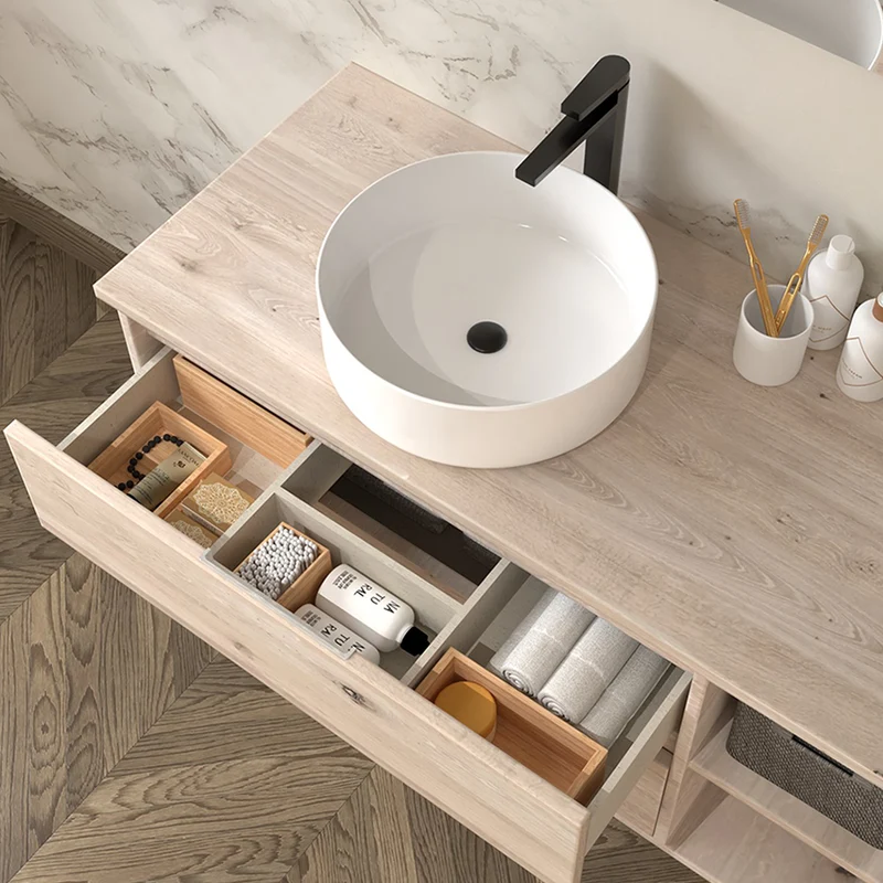 Meuble de salle de bain 120cm avec vasque à poser ronde - 2 tiroirs et miroir Led STAM - OLYMPE