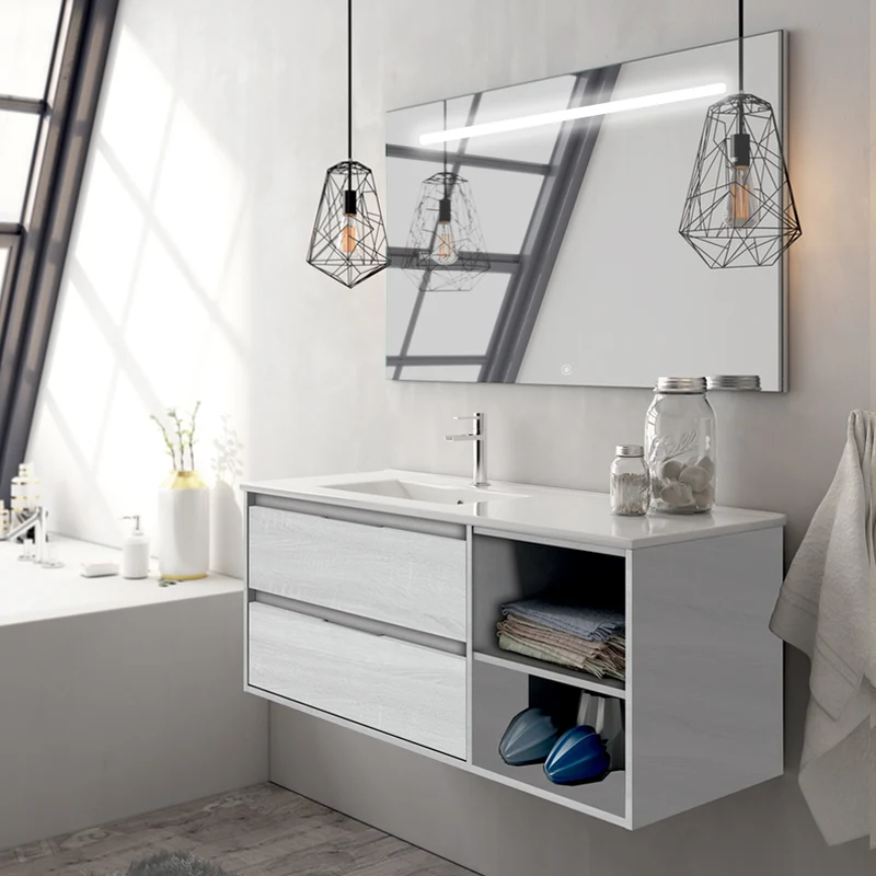 Meuble de salle de bain 120cm vasque déportée 2 tiroirs et miroir Led STAM - OLYMPE