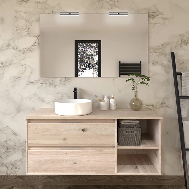 Meuble de salle de bain 120cm avec vasque à poser ronde - 2 tiroirs et miroir avec appliques - OLYMPE