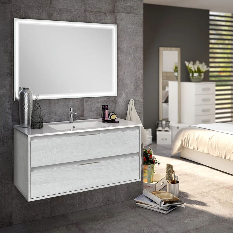 Meuble de salle de bain 80cm simple vasque - 2 tiroirs - IRIS et miroir Led VELDI