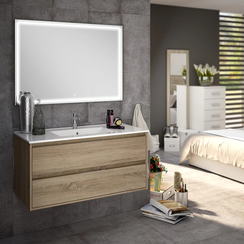 Meuble de salle de bain 80cm simple vasque - 2 tiroirs - IRIS et miroir Led VELDI