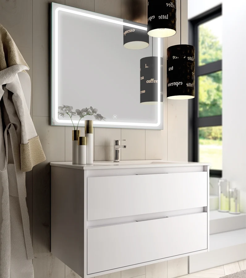 Meuble de salle de bain 80cm simple vasque - 2 tiroirs - IRIS et miroir Led VELDI