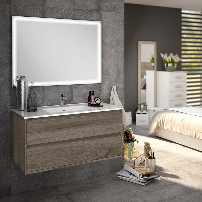Meuble de salle de bain 80cm simple vasque - 2 tiroirs - IRIS et miroir Led VELDI