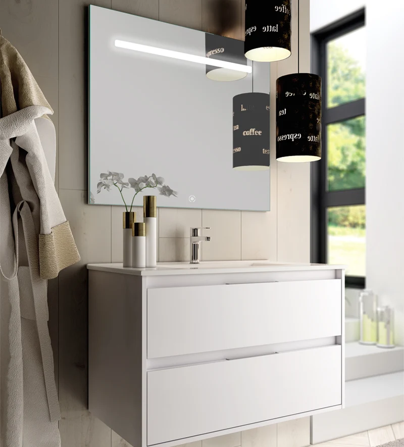 Meuble de salle de bain 100cm simple vasque - 2 tiroirs - IRIS et miroir Led STAM
