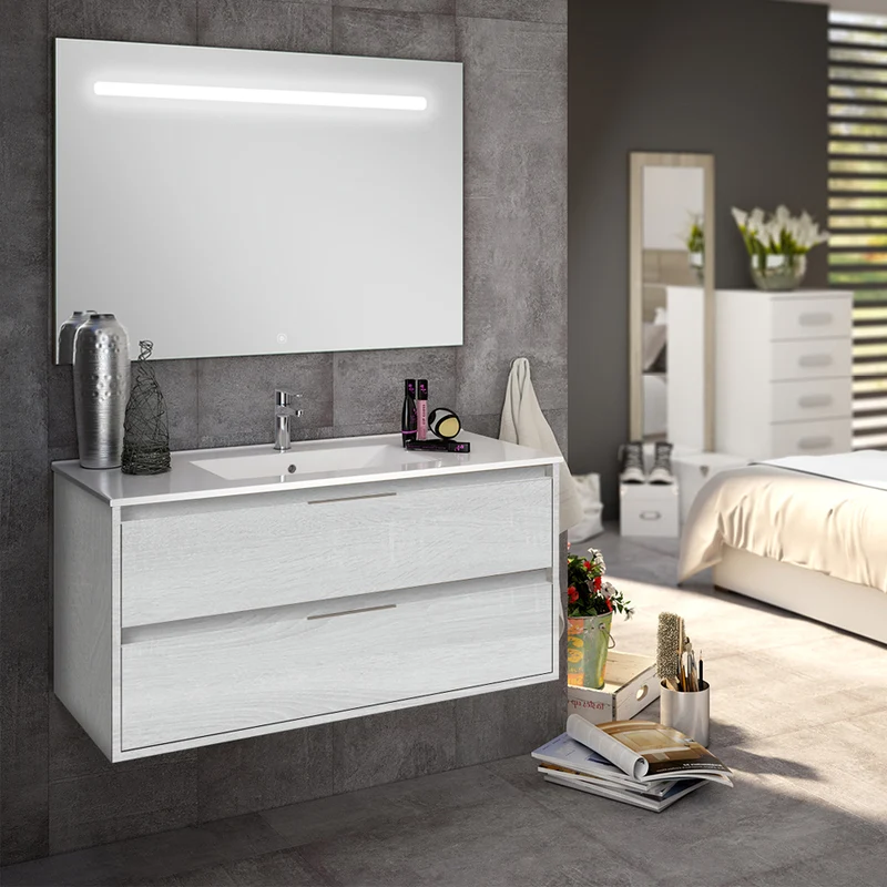 Meuble de salle de bain 100cm simple vasque - 2 tiroirs - IRIS et miroir Led STAM