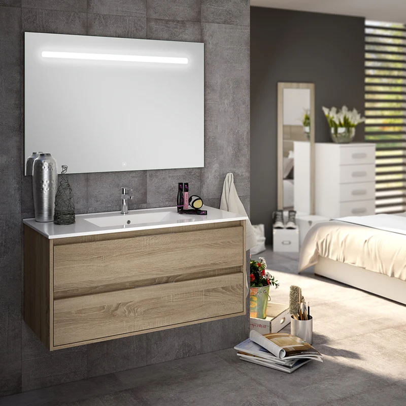 Meuble de salle de bain 100cm simple vasque - 2 tiroirs - IRIS et miroir Led STAM