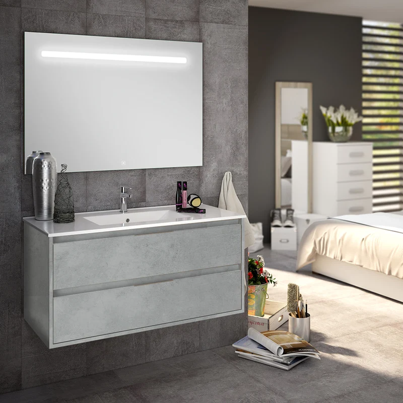 Meuble de salle de bain 100cm simple vasque - 2 tiroirs - IRIS et miroir Led STAM
