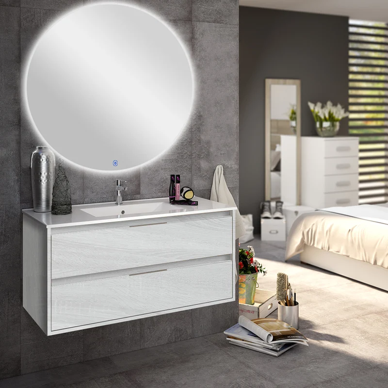 Meuble de salle de bain 80cm simple vasque - 2 tiroirs - IRIS et miroir rond Led SOLEN