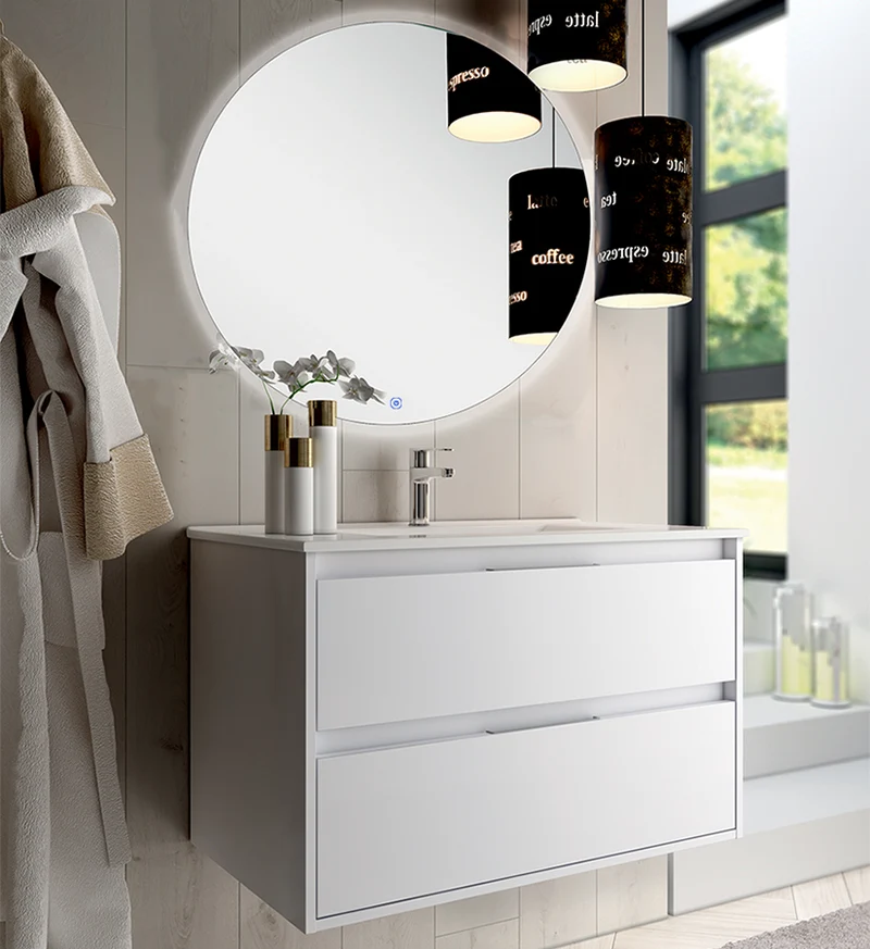 Meuble de salle de bain 80cm simple vasque - 2 tiroirs - IRIS et miroir rond Led SOLEN