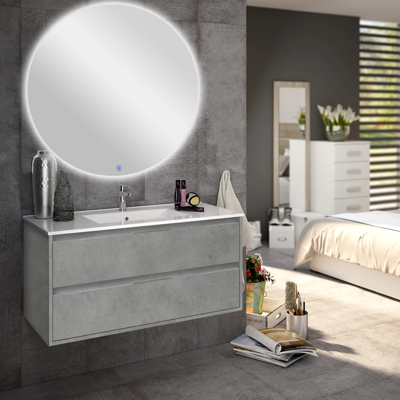 Meuble de salle de bain 80cm simple vasque - 2 tiroirs - IRIS et miroir rond Led SOLEN