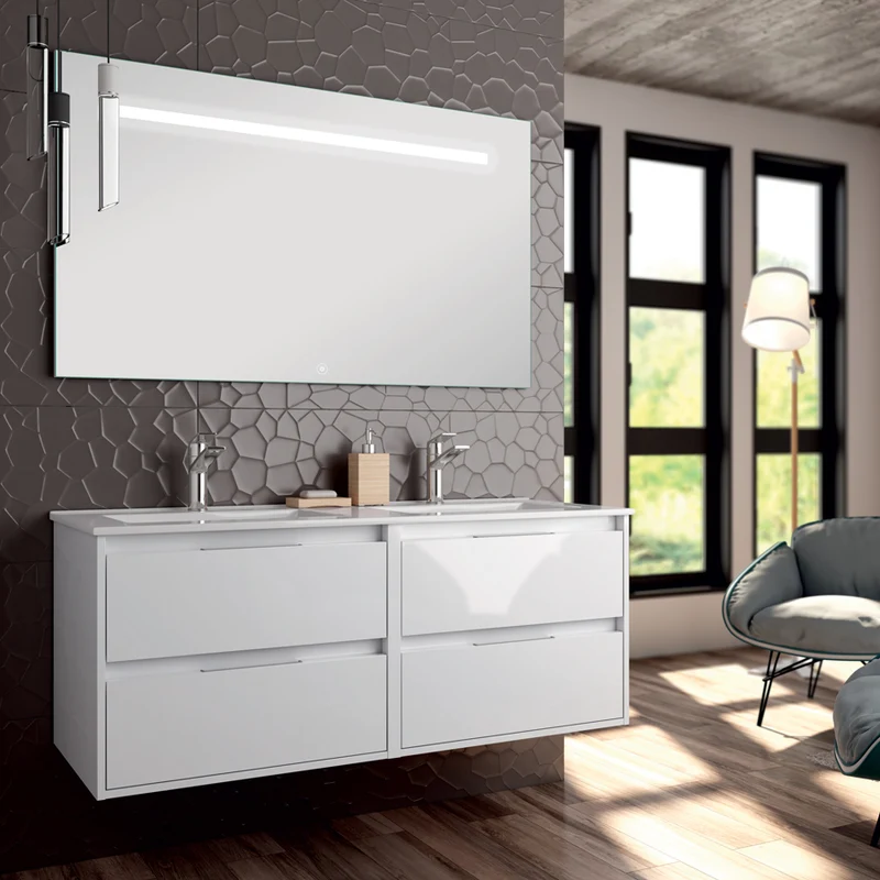 Meuble de salle de bain 120cm double vasque - 4 tiroirs - IRIS et miroir Led STAM