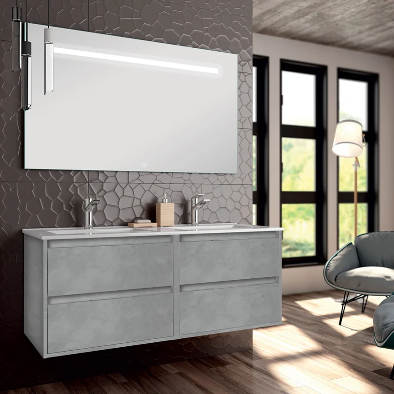 Meuble de salle de bain 120cm double vasque - 4 tiroirs - IRIS et miroir Led STAM