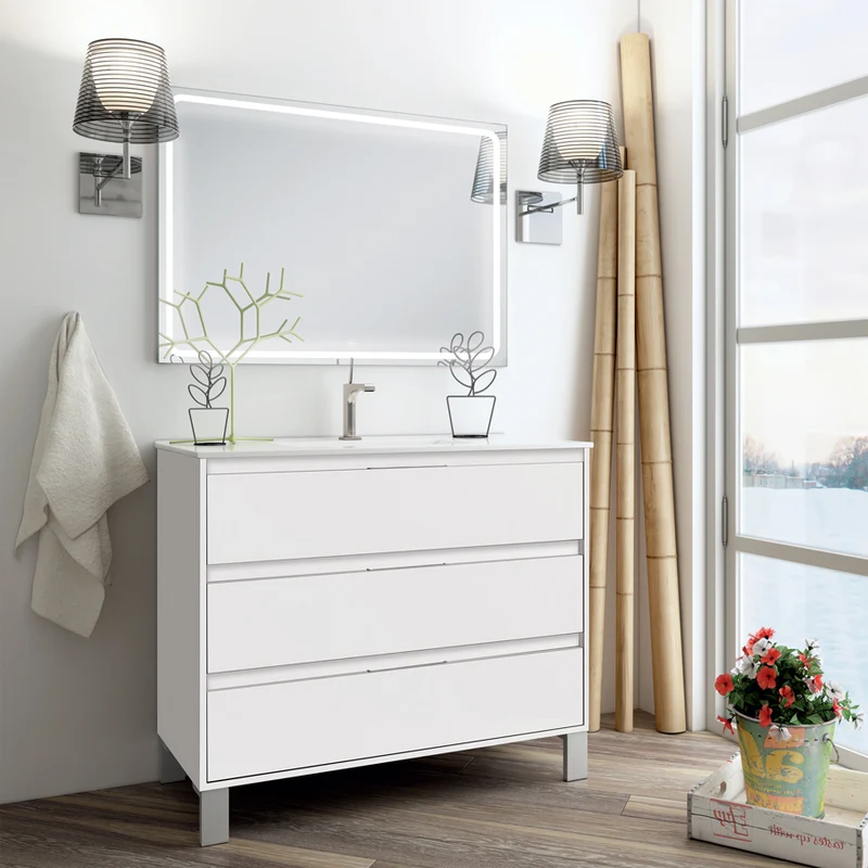 Meuble de salle de bain 80cm simple vasque - 3 tiroirs - TIRIS 3C et miroir Led VELDI