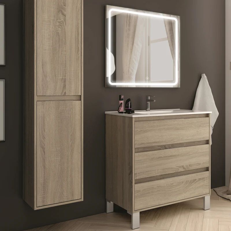Meuble de salle de bain 80cm simple vasque - 3 tiroirs - TIRIS 3C et miroir Led VELDI