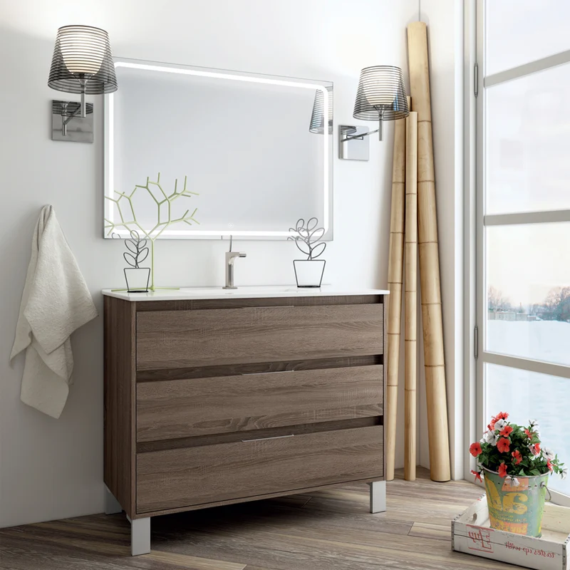 Meuble de salle de bain 80cm simple vasque - 3 tiroirs - TIRIS 3C et miroir Led VELDI
