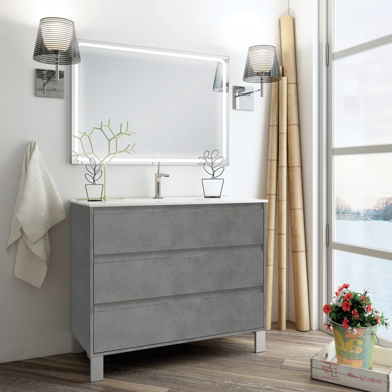 Meuble de salle de bain 80cm simple vasque - 3 tiroirs - TIRIS 3C et miroir Led VELDI