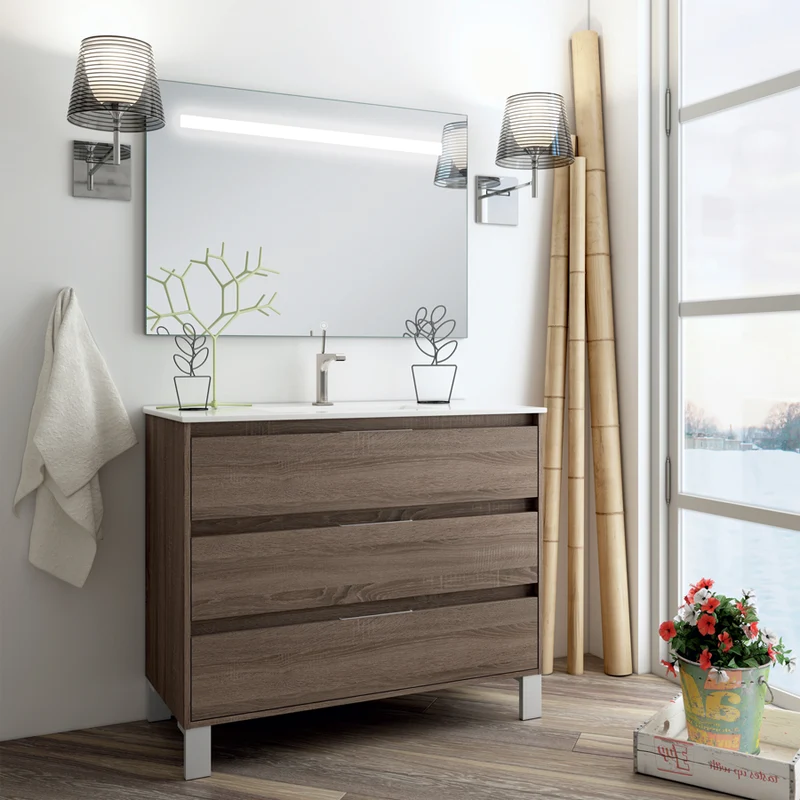 Meuble de salle de bain 80cm simple vasque - 3 tiroirs - TIRIS 3C et miroir Led STAM