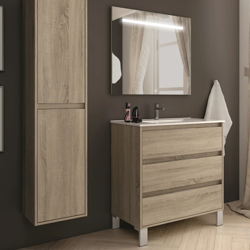 Meuble de salle de bain 80cm simple vasque - 3 tiroirs - TIRIS 3C et miroir Led STAM