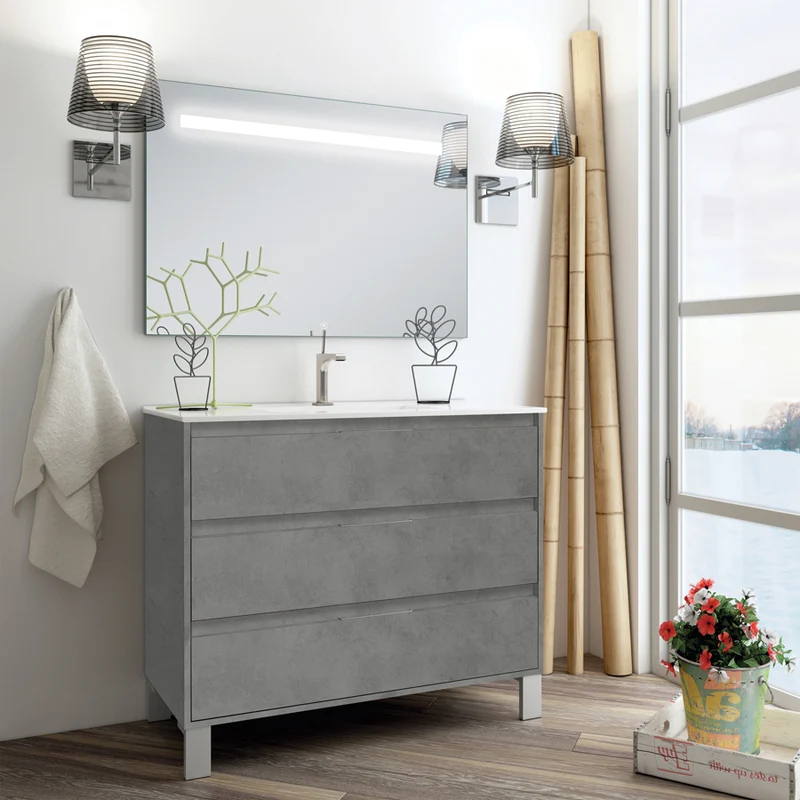 Meuble de salle de bain 80cm simple vasque - 3 tiroirs - TIRIS 3C et miroir Led STAM
