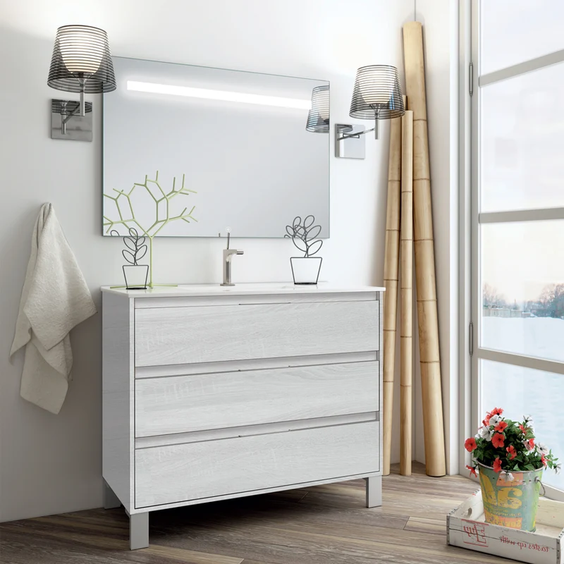 Meuble de salle de bain 80cm simple vasque - 3 tiroirs - TIRIS 3C et miroir Led STAM