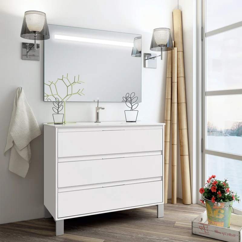 Meuble de salle de bain 80cm simple vasque - 3 tiroirs - TIRIS 3C et miroir Led STAM