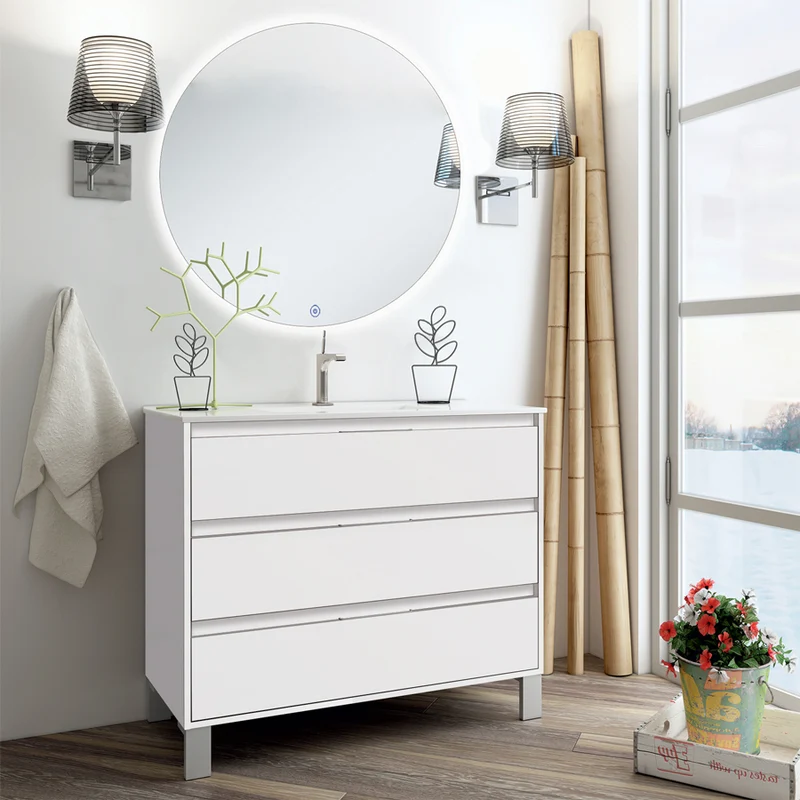 Meuble de salle de bain 80cm simple vasque - 3 tiroirs - TIRIS 3C et miroir rond Led SOLEN