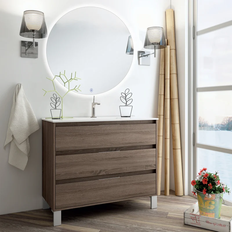Meuble de salle de bain 80cm simple vasque - 3 tiroirs - TIRIS 3C et miroir rond Led SOLEN