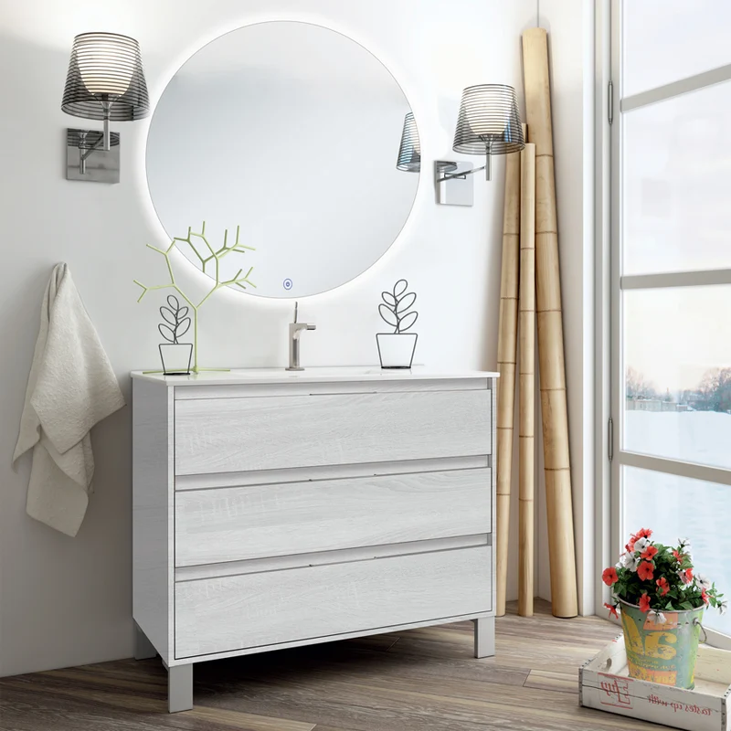 Meuble de salle de bain 80cm simple vasque - 3 tiroirs - TIRIS 3C et miroir rond Led SOLEN