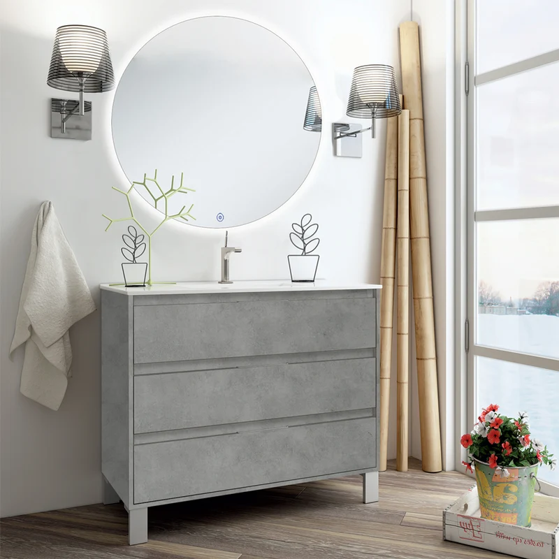 Meuble de salle de bain 80cm simple vasque - 3 tiroirs - TIRIS 3C et miroir rond Led SOLEN