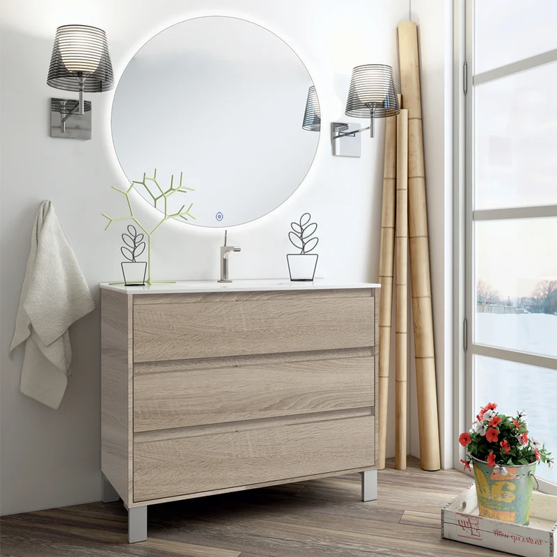 Meuble de salle de bain 80cm simple vasque - 3 tiroirs - TIRIS 3C et miroir rond Led SOLEN