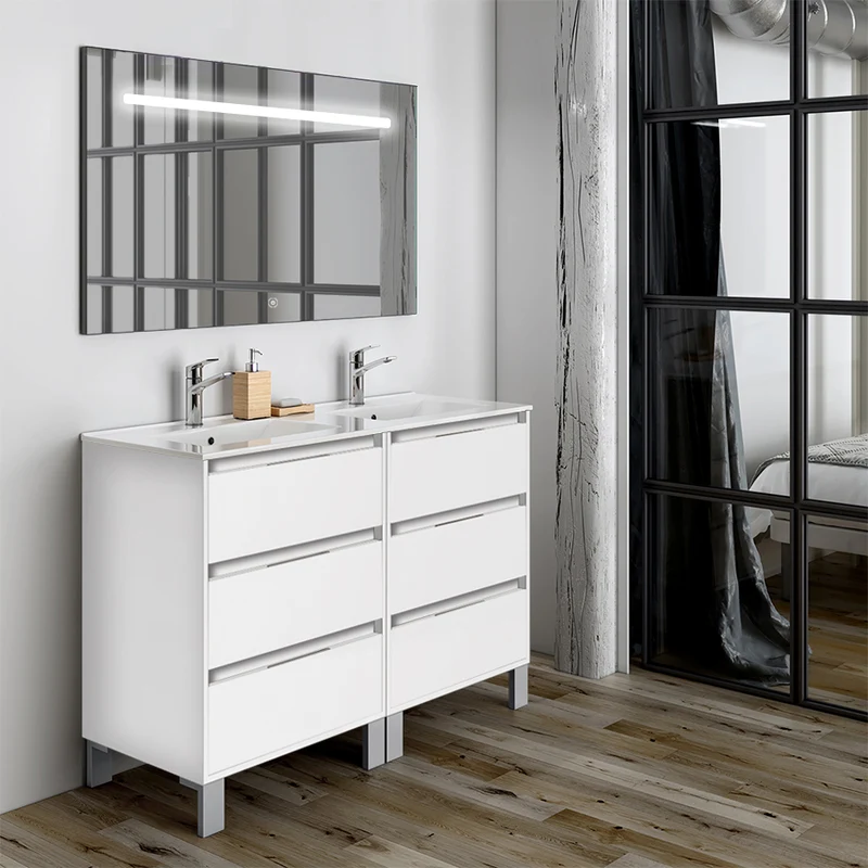Meuble de salle de bain 120cm double vasque - 6 tiroirs - TIRIS 3C et miroir Led STAM