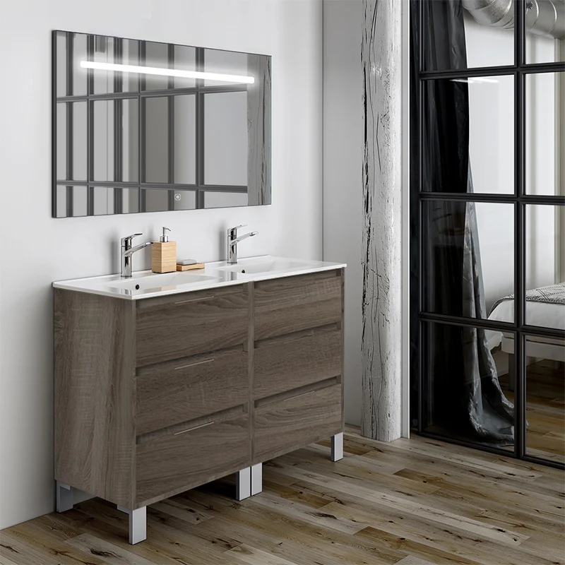 Meuble de salle de bain 120cm double vasque - 6 tiroirs - TIRIS 3C et miroir Led STAM