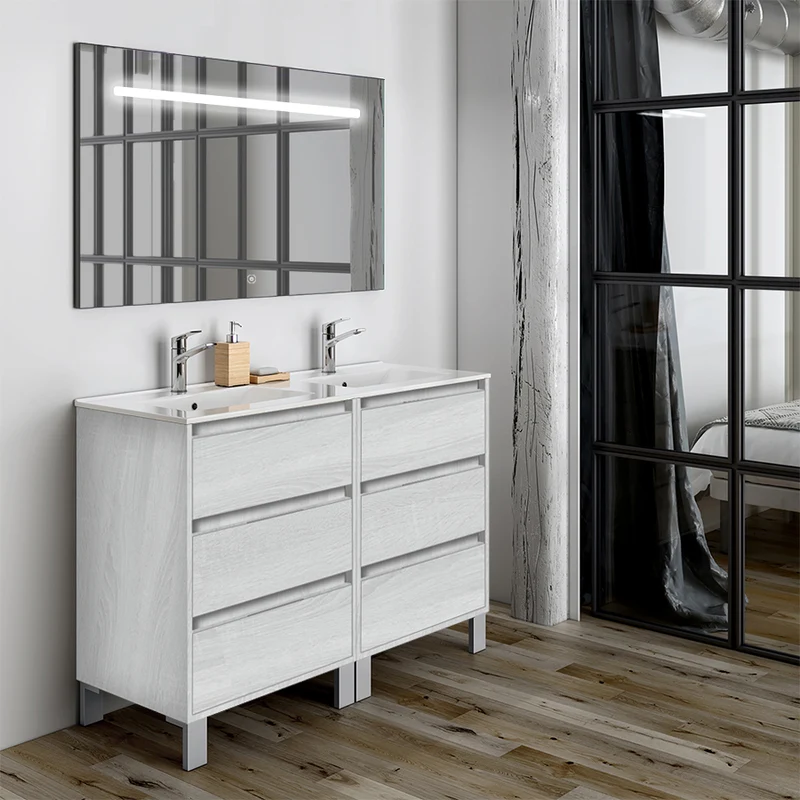 Meuble de salle de bain 120cm double vasque - 6 tiroirs - TIRIS 3C et miroir Led STAM