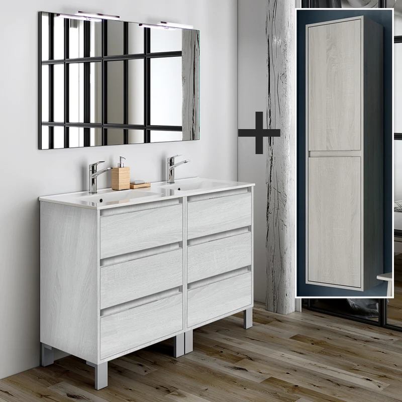 Ensemble meuble de salle de bain 120cm double vasque + colonne de rangement TIRIS
