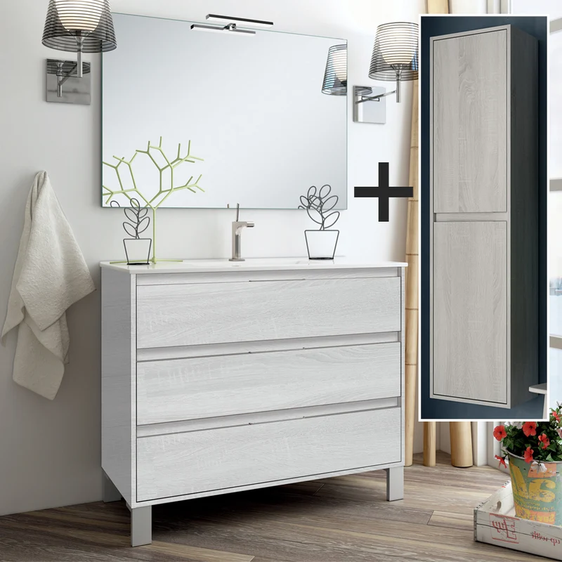 Ensemble meuble de salle de bain 100cm simple vasque + colonne de rangement TIRIS