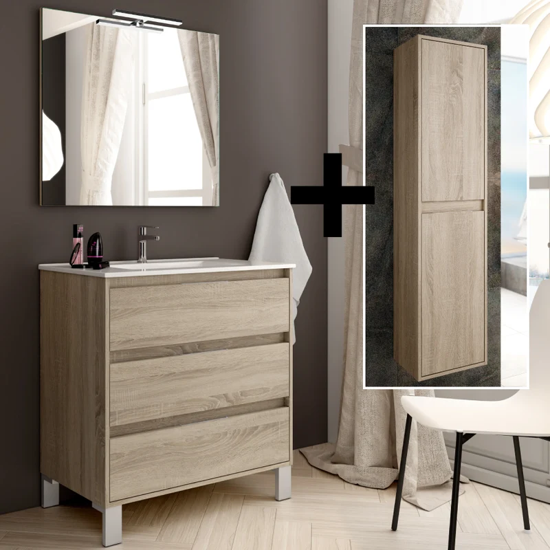 Ensemble meuble de salle de bain 100cm simple vasque + colonne de rangement TIRIS