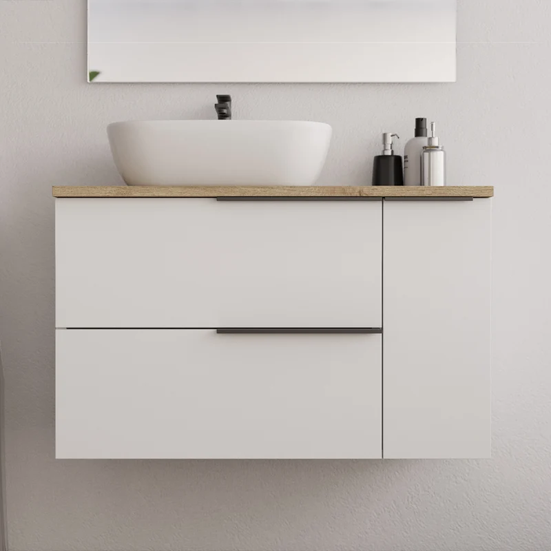 Meuble de salle de bain 80cm avec vasque à poser arrondie - 2 tiroirs et un placard - sans miroir - blanc laqué - KING