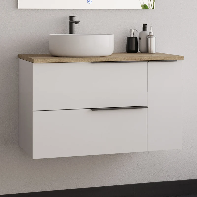 Meuble de salle de bain 80cm avec vasque à poser arrondie - 2 tiroirs et un placard - sans miroir - blanc laqué - KING