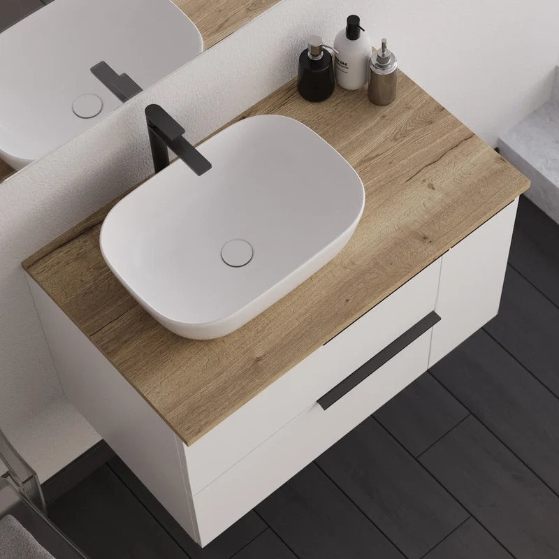 Meuble de salle de bain 80cm avec vasque à poser arrondie - 2 tiroirs et un placard - sans miroir - blanc laqué - KING