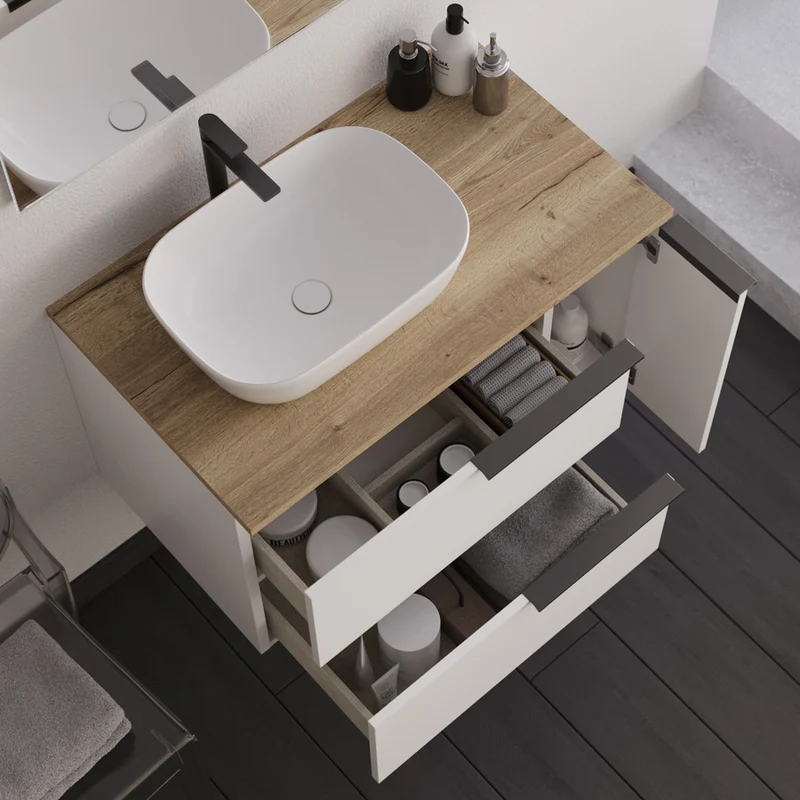Meuble de salle de bain 80cm avec vasque à poser arrondie - 2 tiroirs et un placard - sans miroir - blanc laqué - KING