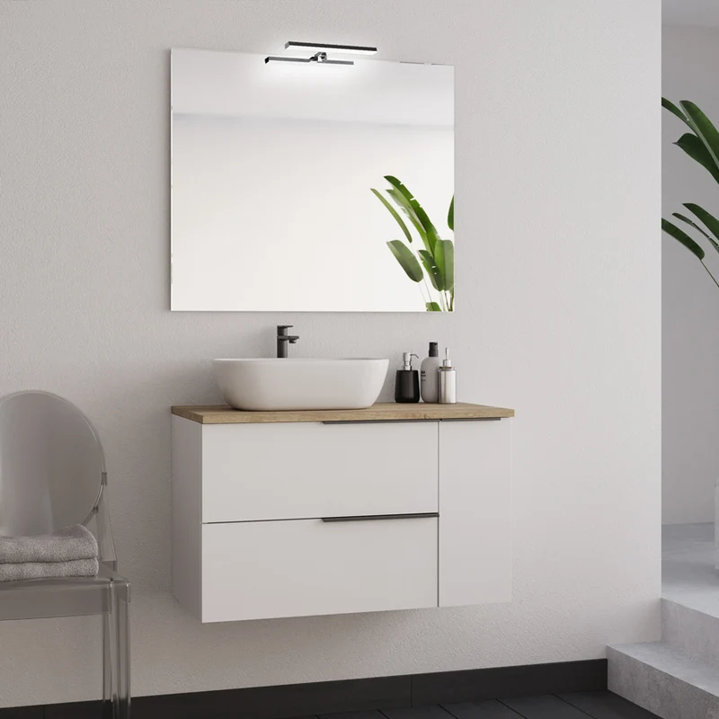 Meuble de salle de bain 80cm avec vasque à poser arrondie - 2 tiroirs et un placard et miroir avec applique - blanc laqué - KING