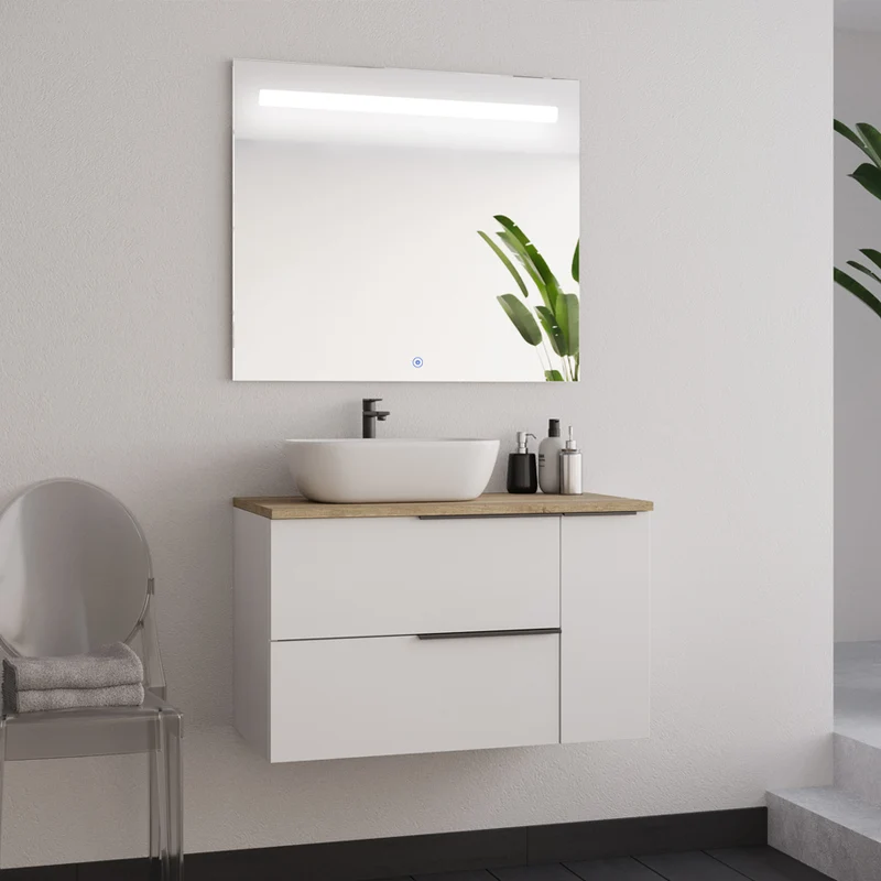 Meuble de salle de bain 80cm avec vasque à poser arrondie - 2 tiroirs et un placard et miroir led STAM - blanc laqué - KING