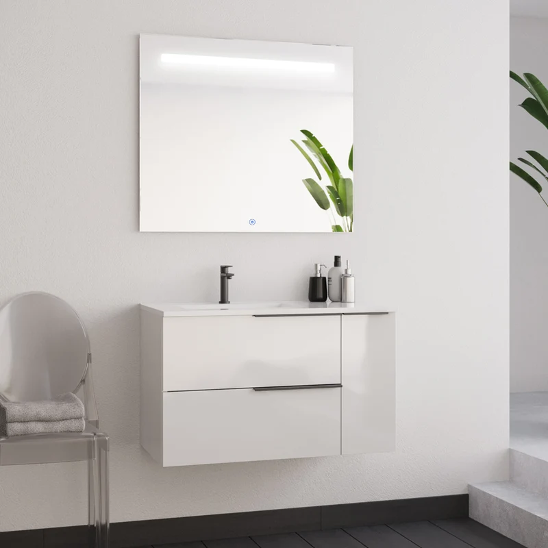 Meuble de salle de bain 80cm avec vasque déportée - 2 tiroirs et un placard et miroir STAM - blanc laqué - KING