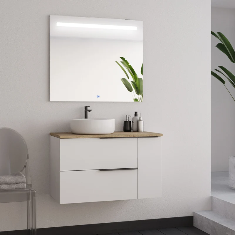 Meuble de salle de bain 80cm avec vasque à poser ronde - 2 tiroirs et un placard - blanc laqué et miroir led STAM - KING