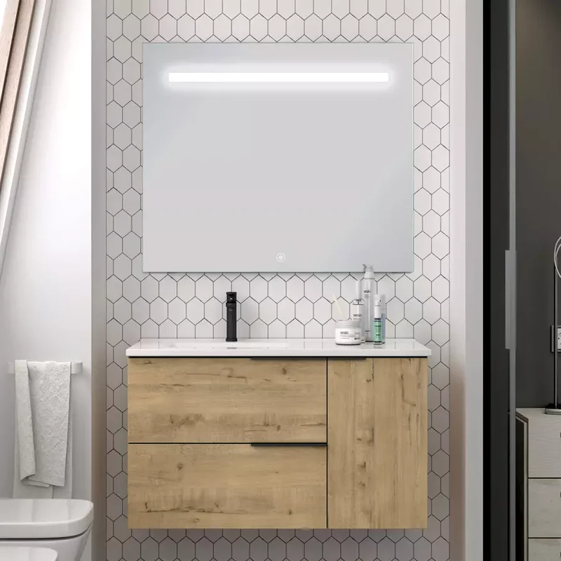Meuble de salle de bain 80cm vasque déportée - 2 tiroirs et un placard - KING et miroir Led STAM