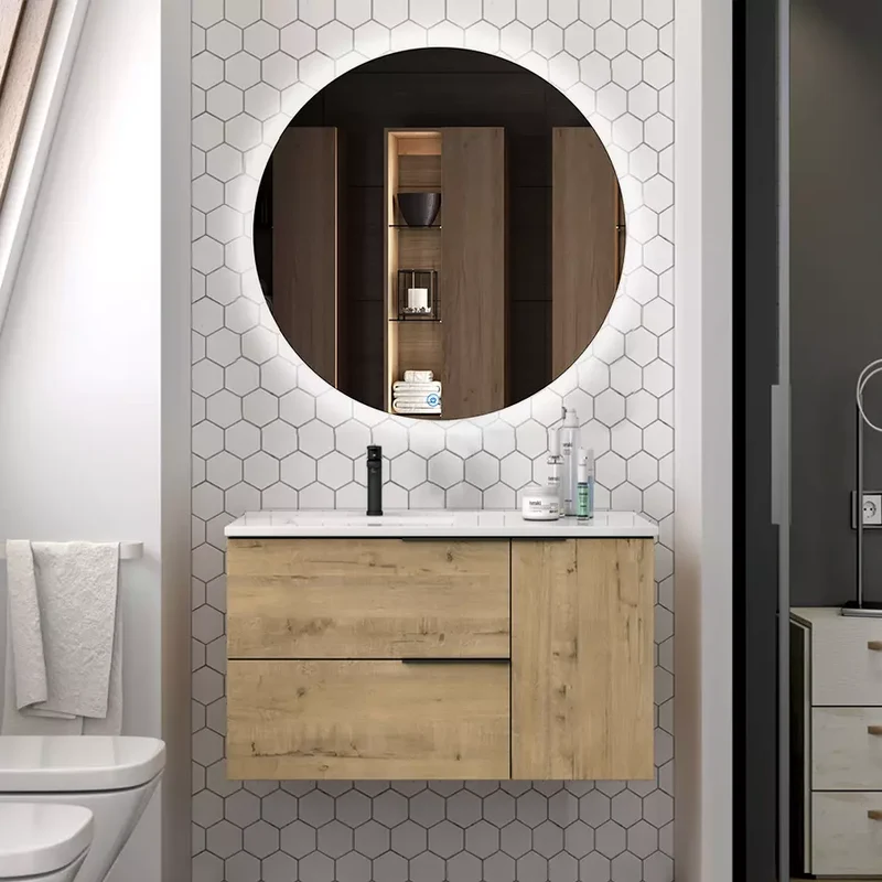 Meuble de salle de bain 80cm vasque déportée - 2 tiroirs - KING et miroir Led SOLEN