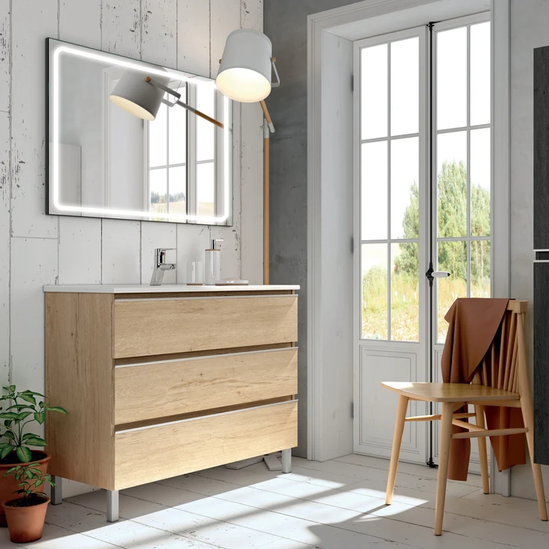 Meuble de salle de bain 80cm simple vasque - 3 tiroirs - PALMA et miroir Led VELDI